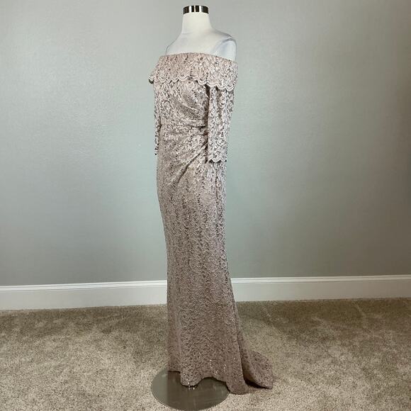 Vince Camuto Sequin Lace Off the Shoulder Evening Gown Gold Size 6 Formal Dress - Picture 4 of 13